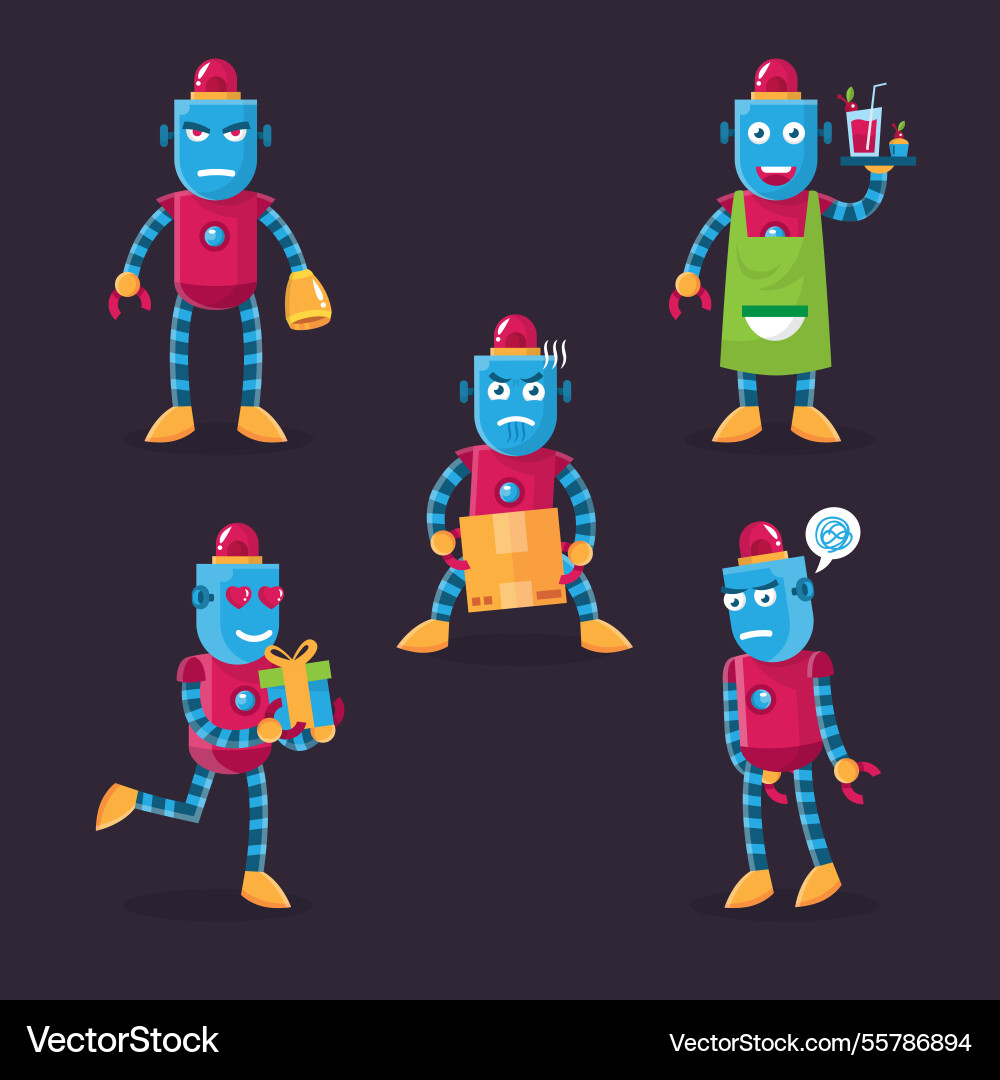 Flat robot character with different poses Vector Image