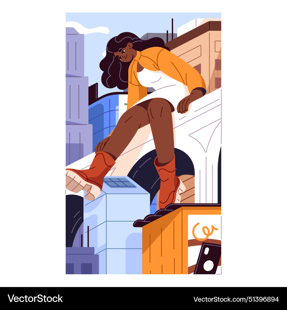 Giant girl sits on bridge looks down gigantic Giant girl sits on bridge looks down gigantic vector image
