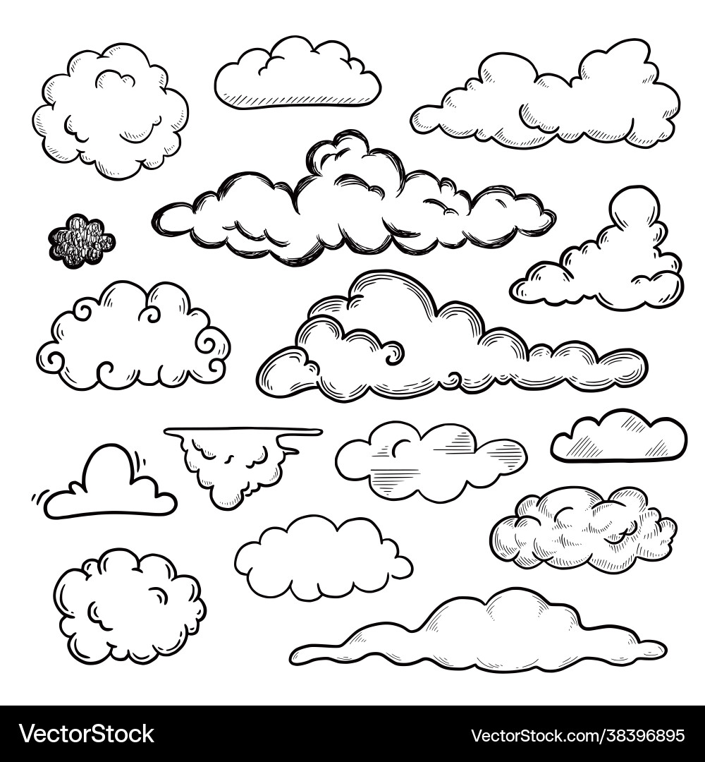 Hand drawn cloud set doodle sketch vector image