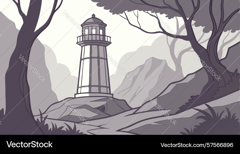 Lighthouse on hill with bare trees design Vector Image