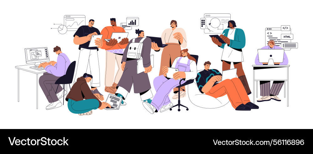 Teamwork development concept team of programmers Teamwork development concept team of programmers Vector Image