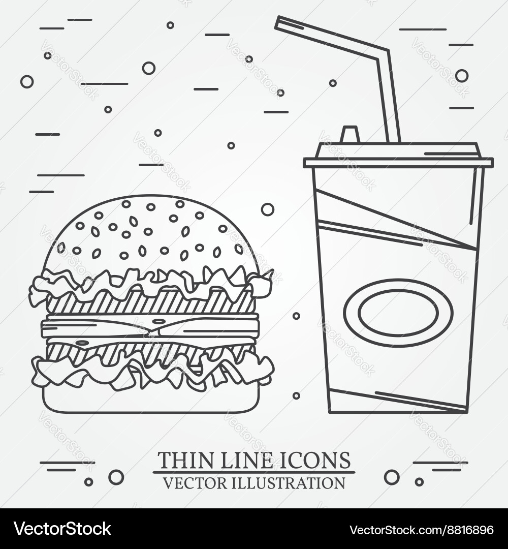 Thin line icon hamburger and soda for web design vector image