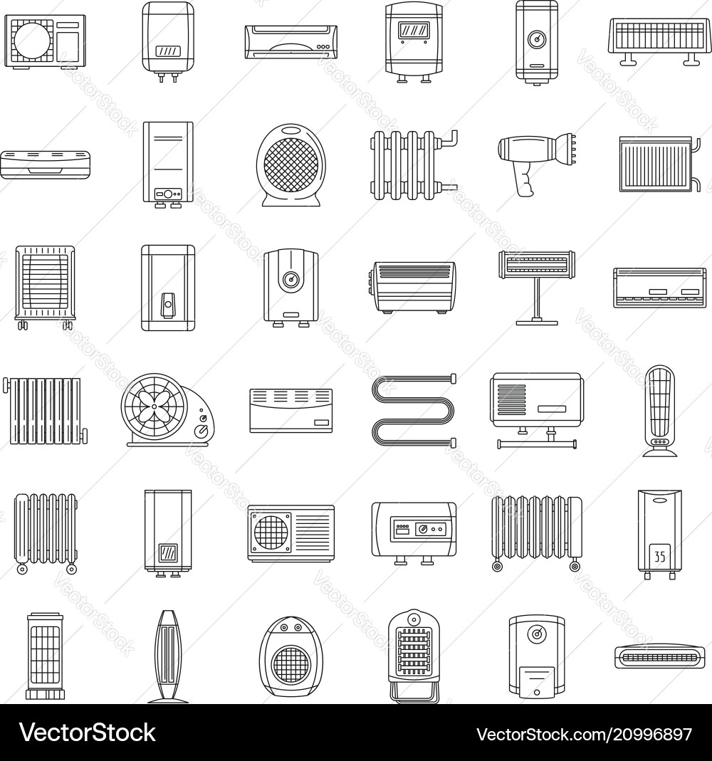 Electric heater device icons set outline style Electric heater device icons set outline style vector image