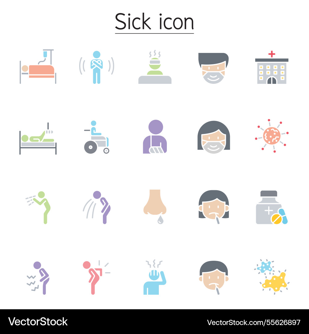 Sick icon set in flat color style Vector Image