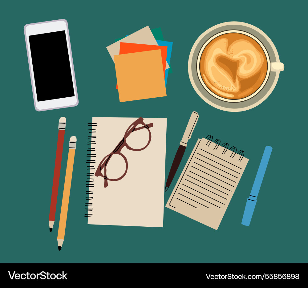 Coffee cup paper sheets with smartphone pens Vector Image