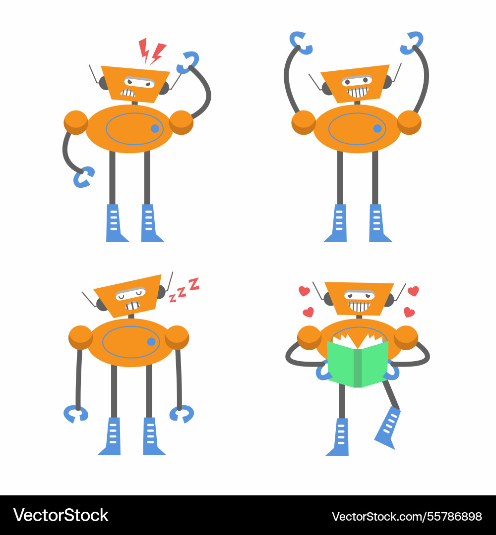Flat robot character with different poses Vector Image