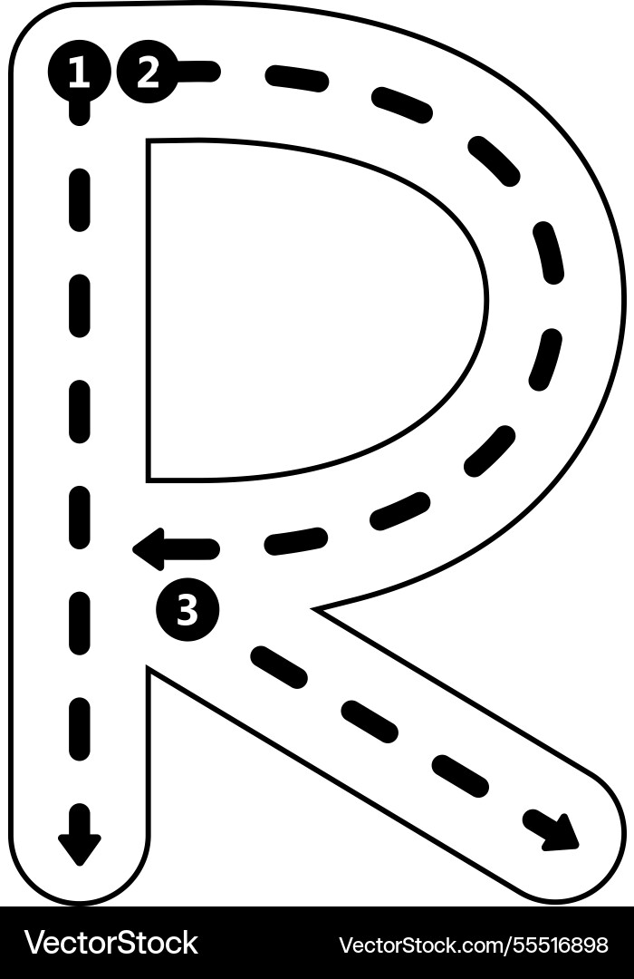 Tracing alphabet letter r uppercase prewriting Vector Image