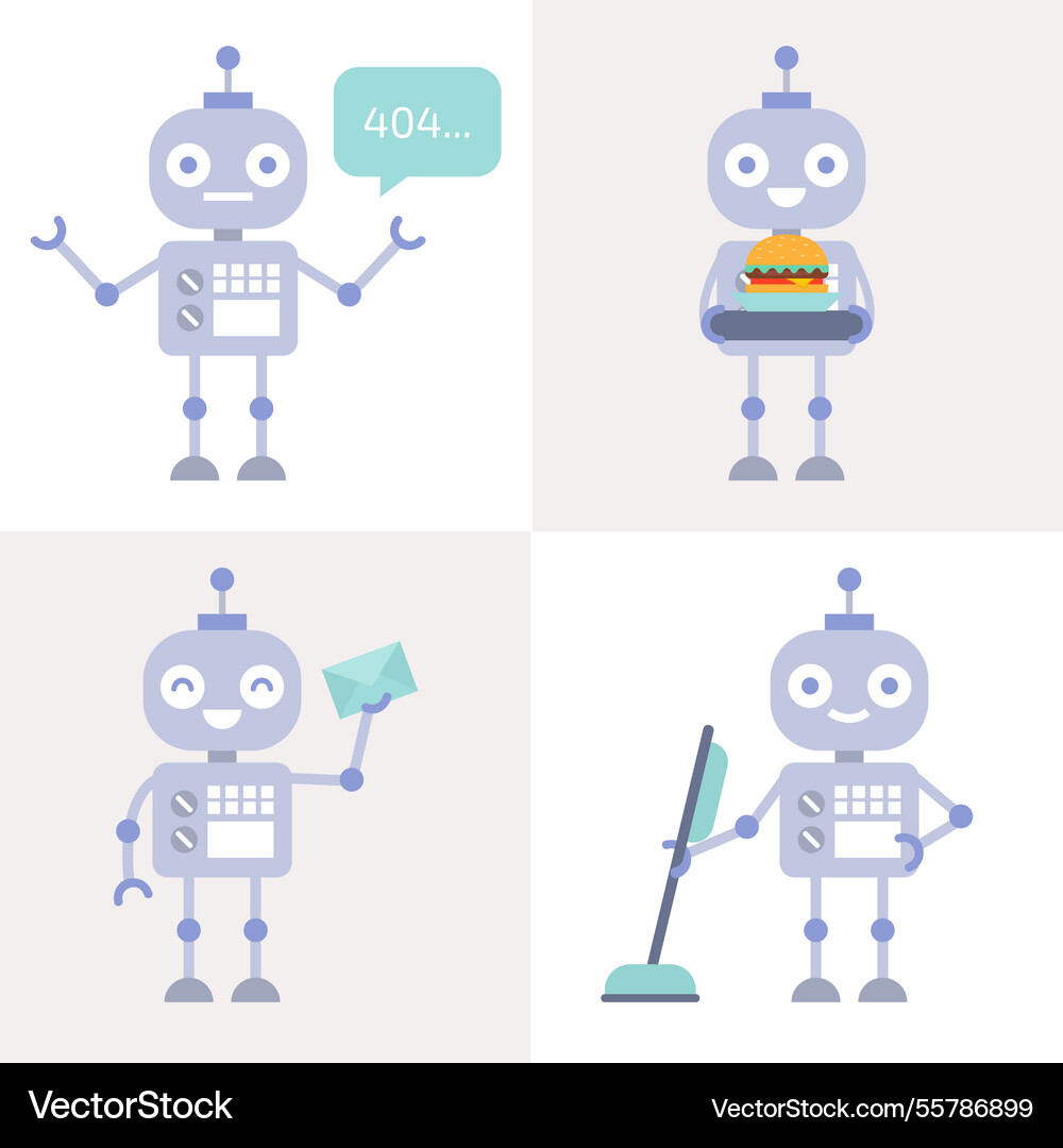 Flat robot character with different poses Vector Image