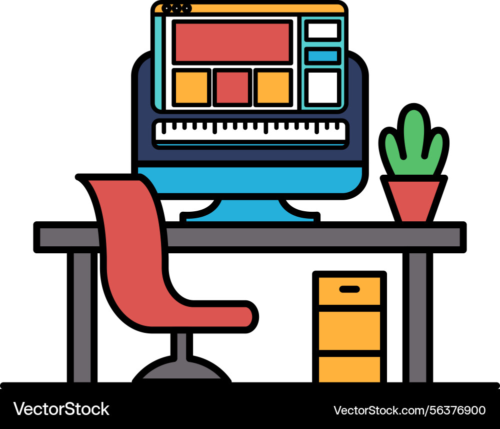 A computer monitor sits on desk with red A computer monitor sits on desk with red vector image