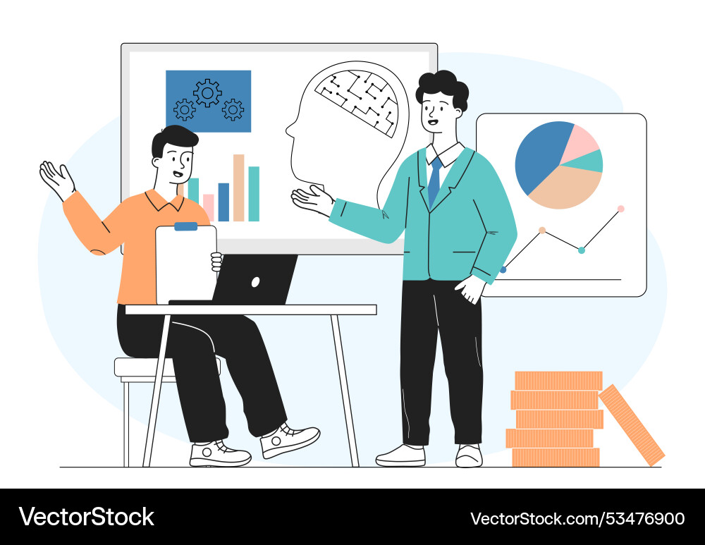 Brainstorm in office men with graphs and charts Vector Image