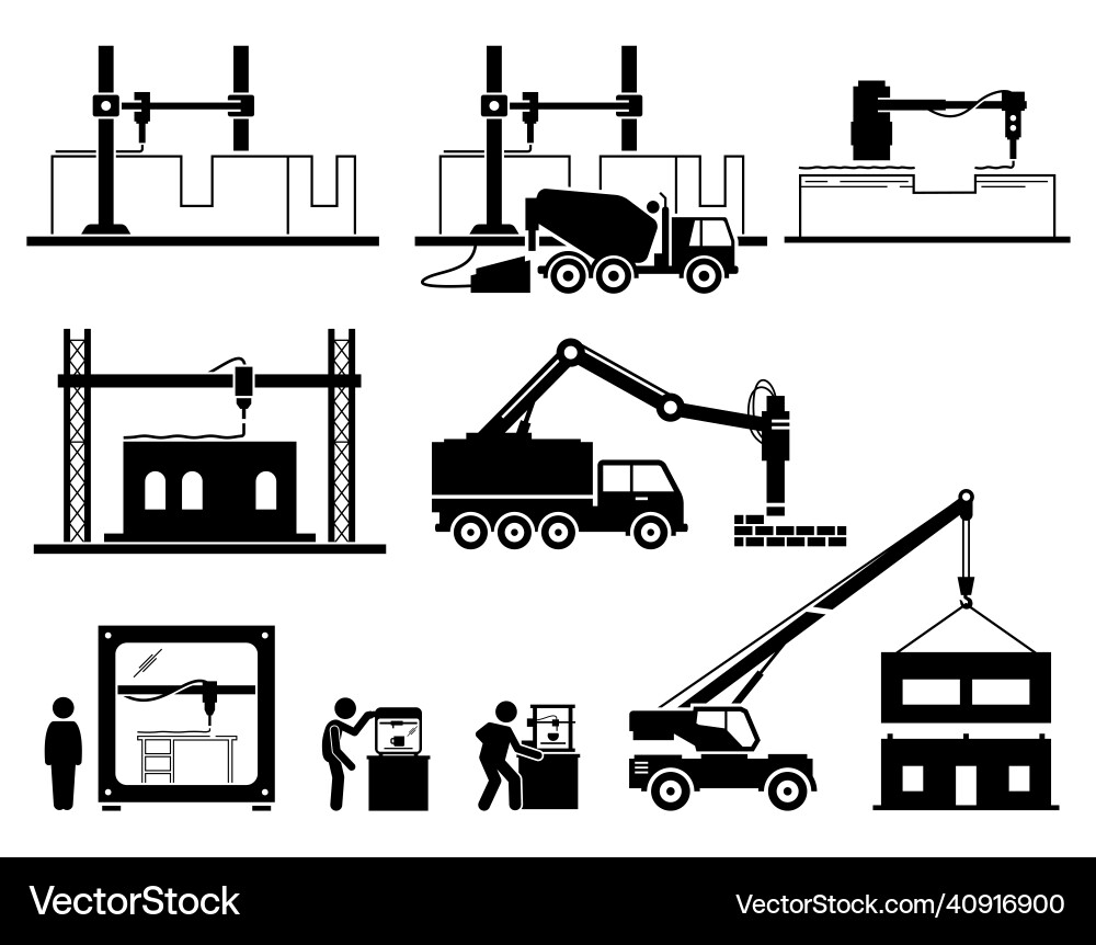 Building house using 3d printer and creating Building house using 3d printer and creating vector image