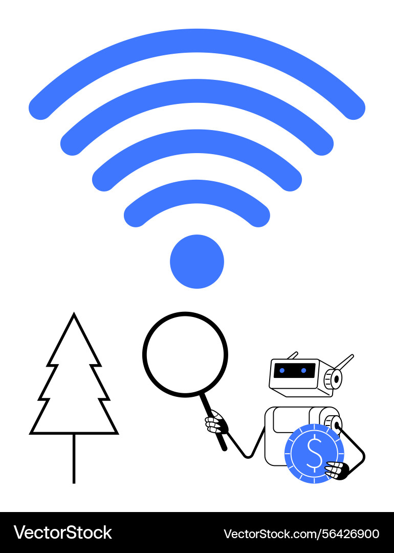 Robot analyzing digital connectivity with nature Robot analyzing digital connectivity with nature vector image