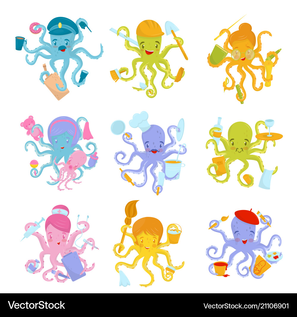 Flat set of colorful octopuses different Flat set of colorful octopuses different vector image