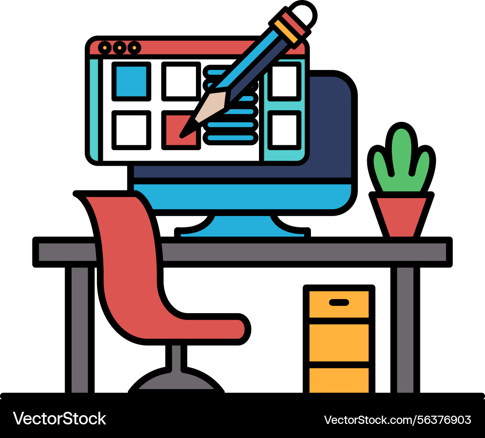 A computer monitor with pencil on it and red A computer monitor with pencil on it and red vector image