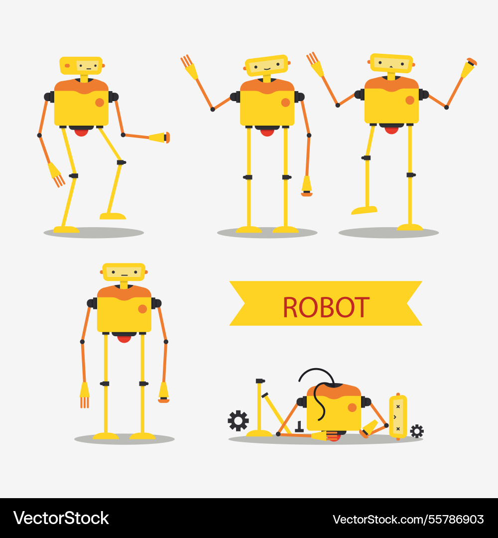 Flat robot character with different poses Vector Image