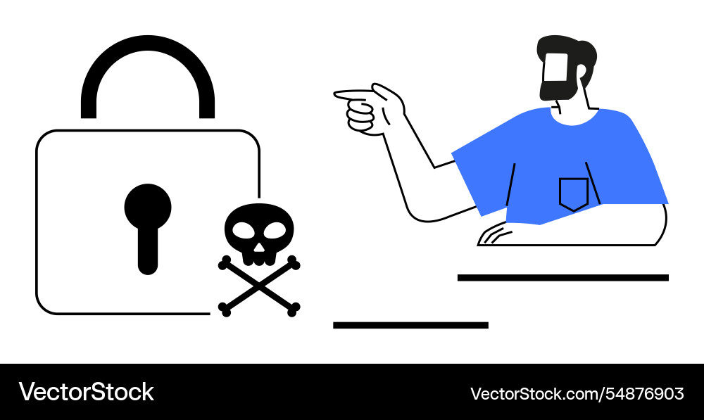 Man pointing at padlock and skull-crossbones icon Man pointing at padlock and skull-crossbones icon vector image