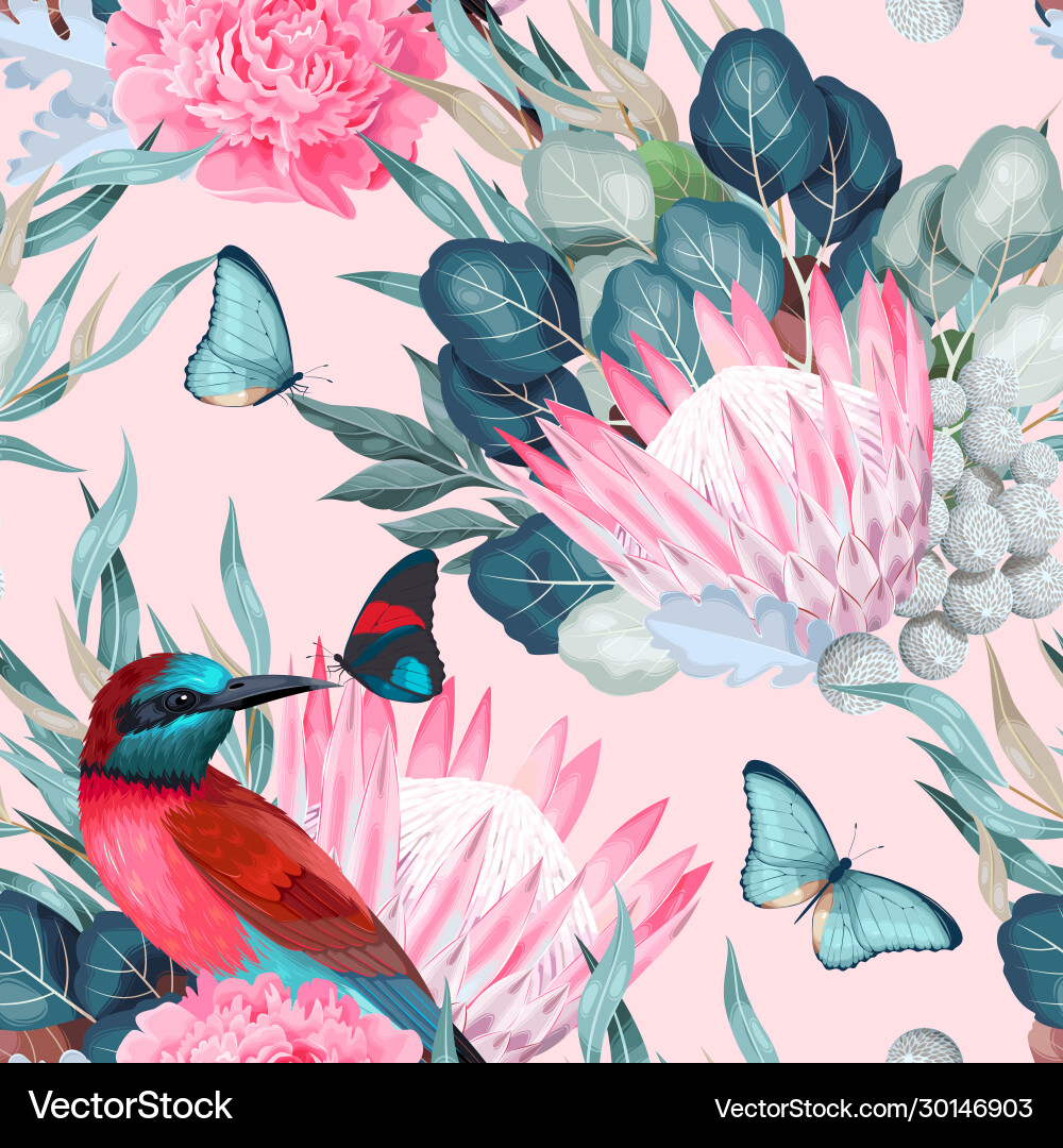 Protea and Eucalyptus Seamless Pattern Vector Image