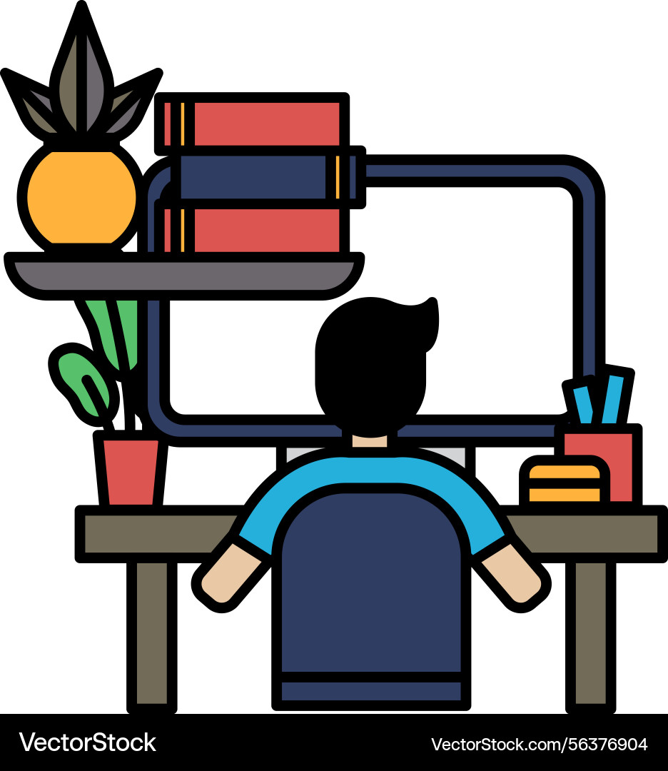 A man is sitting at desk with computer A man is sitting at desk with computer vector image