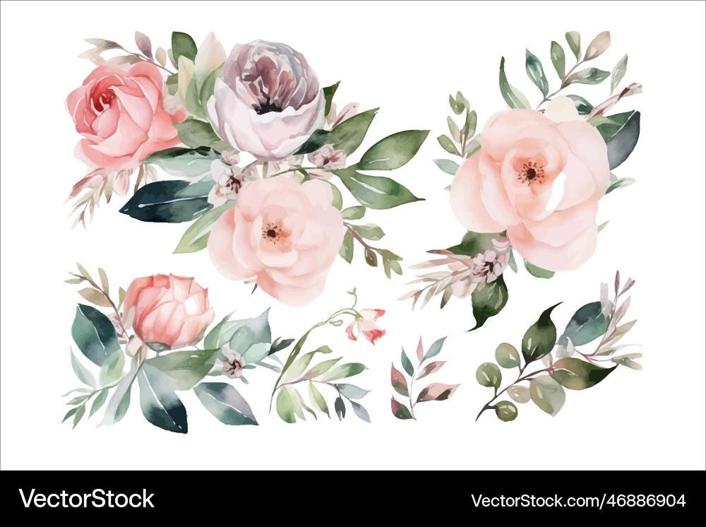 Aquarell Blumenstrauß mit grünen Blättern Aquarell Blumenstrauß mit grünen Blättern vektorbild