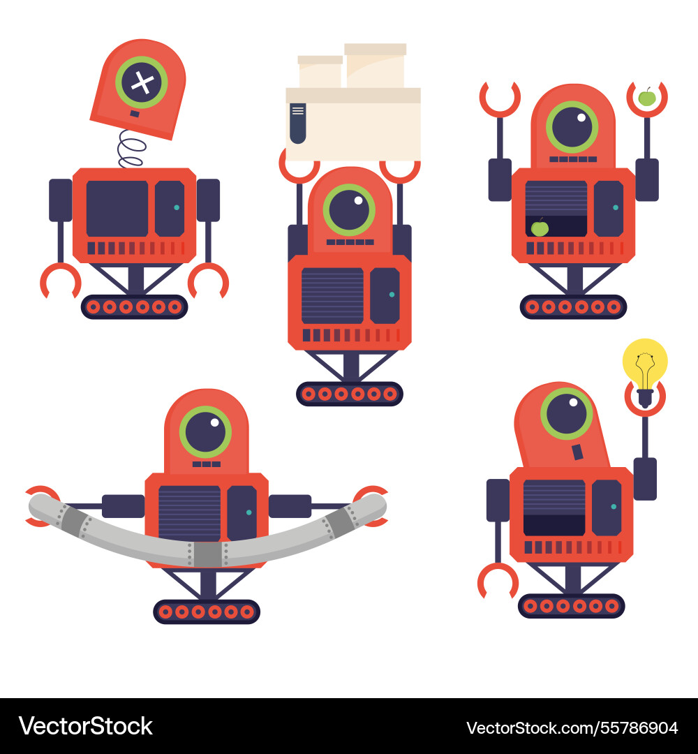 Flat robot character with different poses Vector Image