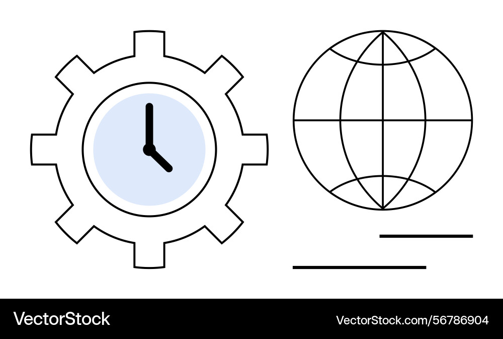 Gear clock with globe grid representing global Gear clock with globe grid representing global vector image