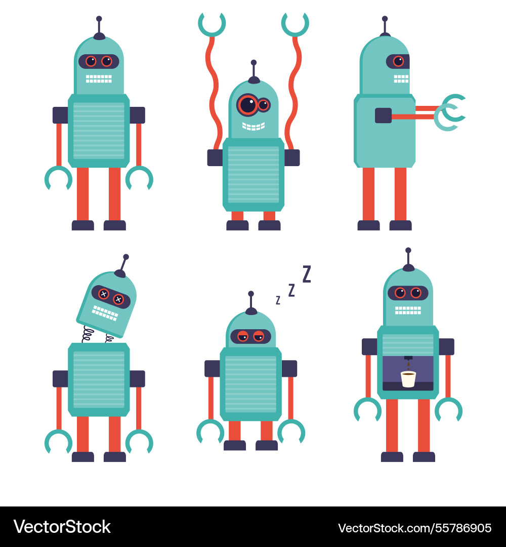Flat robot character with different poses Vector Image