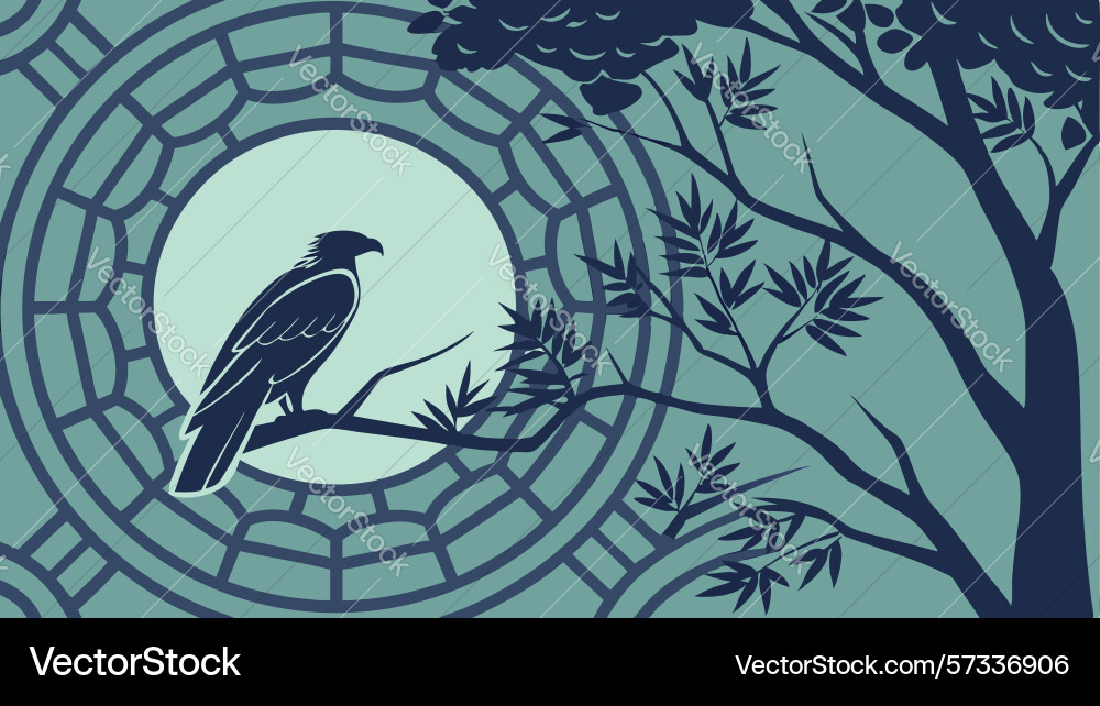 Raven perched in intricate forest frame design Vector Image