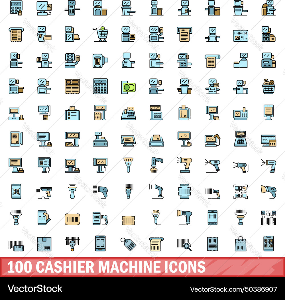 100 cashier machine icons set color line style 100 cashier machine icons set color line style vector image