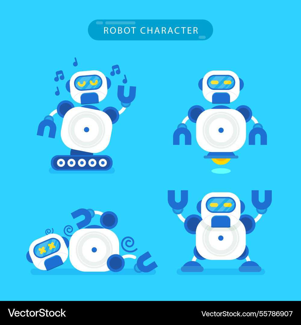 Flat robot character with different poses Vector Image