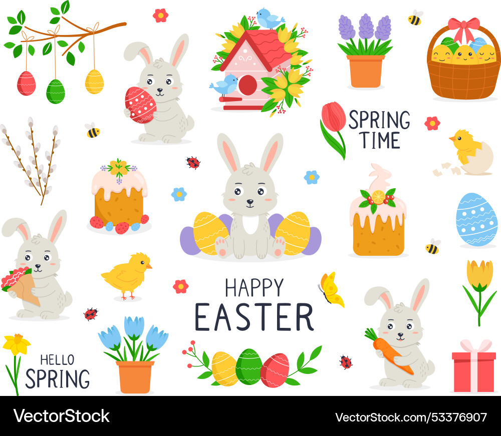Happy easter collection of objects Happy easter collection of objects Vector Image