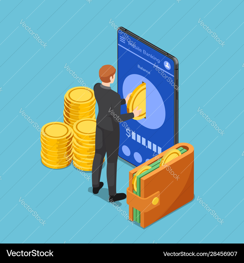 Isometric businessman put gold coin vector image