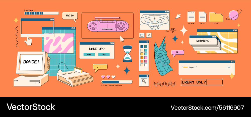 Set of retro ui vaporwave items computer Set of retro ui vaporwave items computer vector image