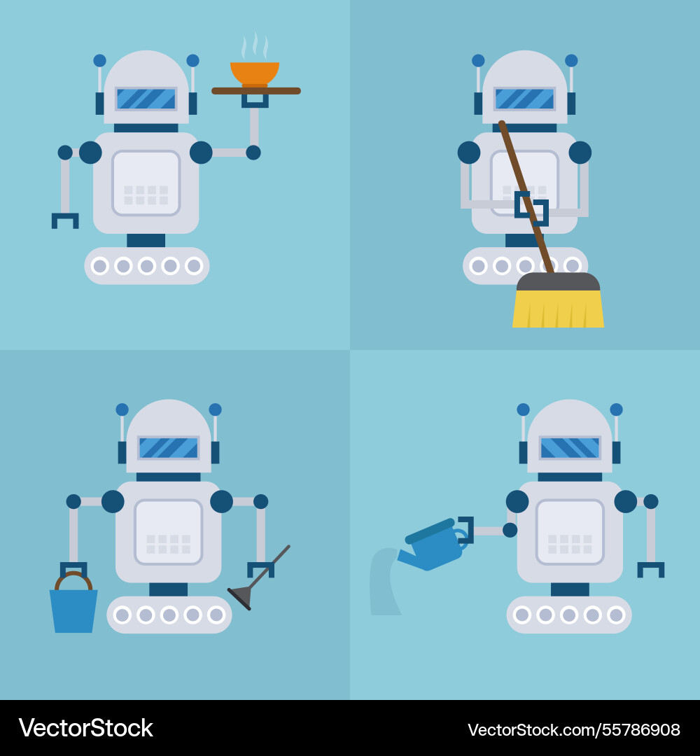 Flat robot character with different poses Vector Image