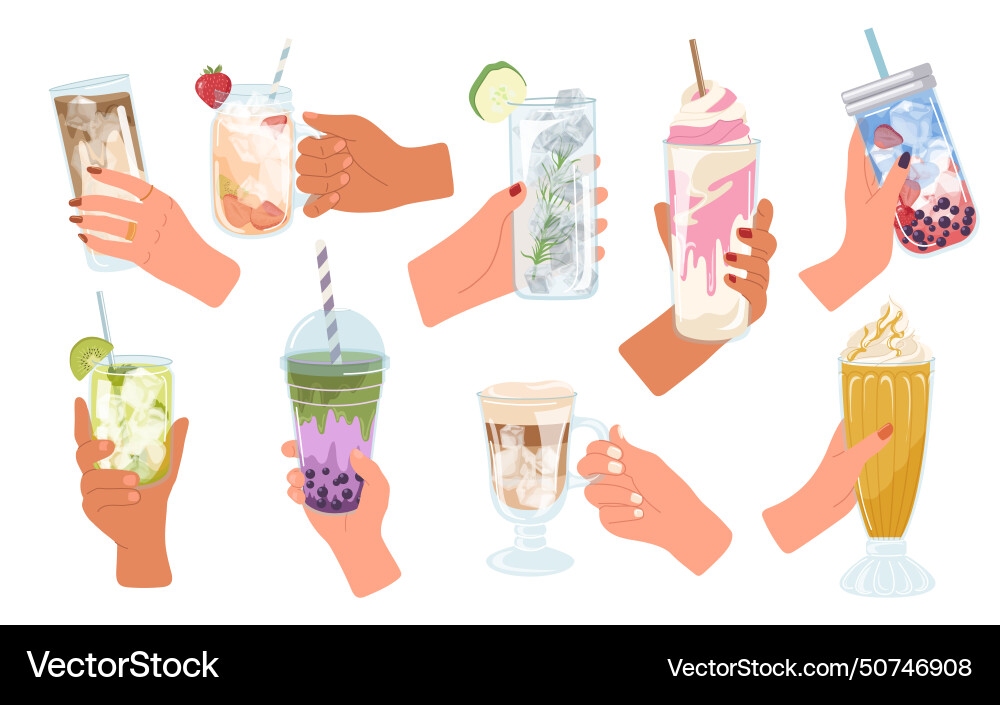 Human hands holding cold drinks refreshing liquors vector image