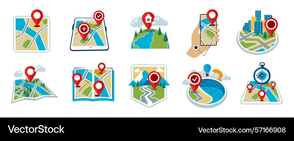 Navigation icons set smartphone and paper map vector image