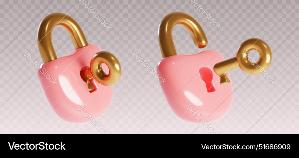3d lock pink secure padlock with key to safe open 3d lock pink secure padlock with key to safe open vector image