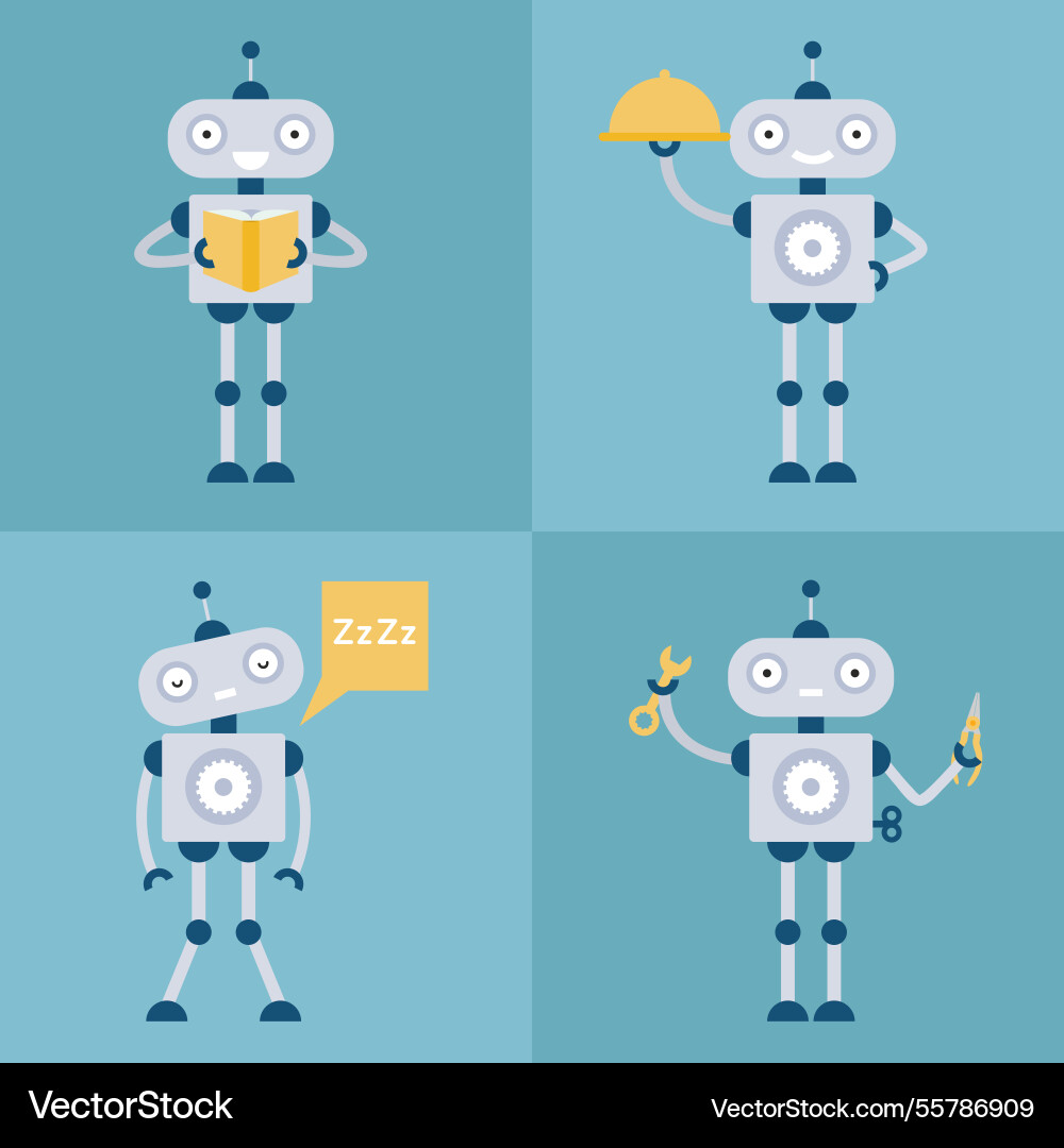 Flat robot character with different poses Vector Image