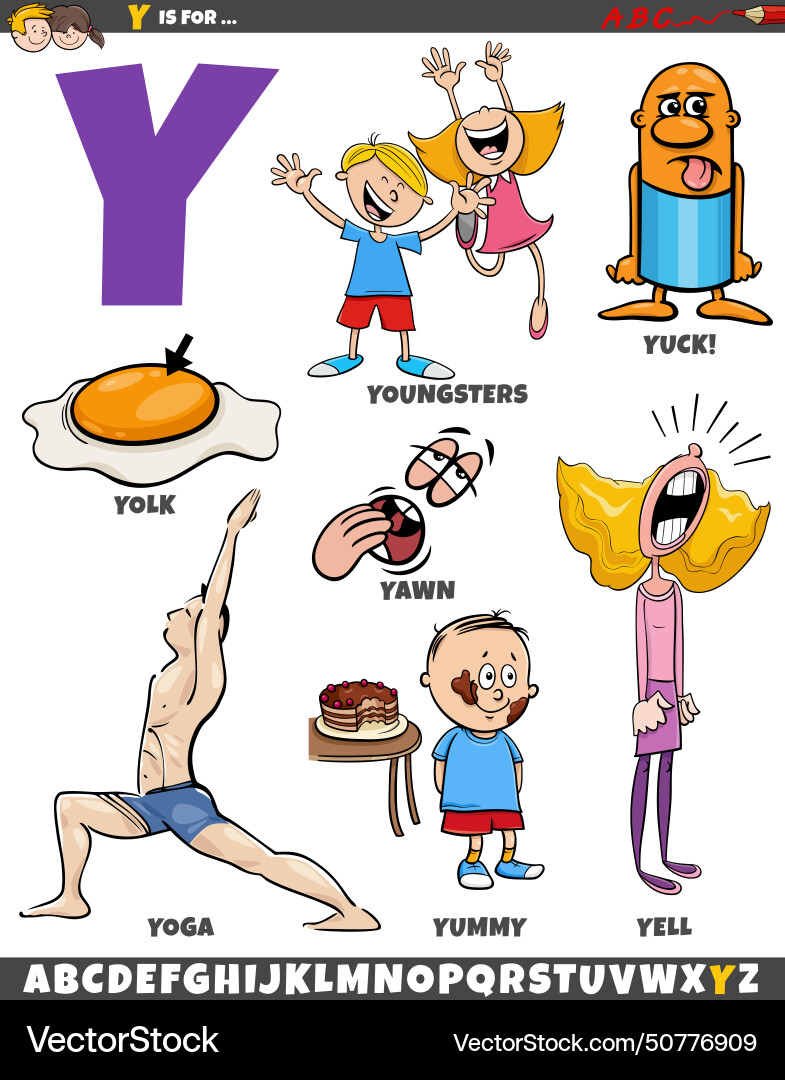 Letter y set with cartoon objects and characters vector image