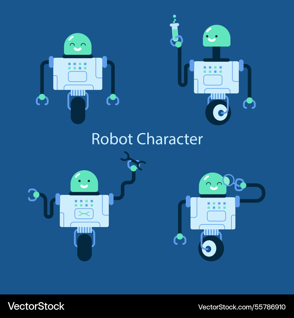 Flat robot character with different poses Vector Image