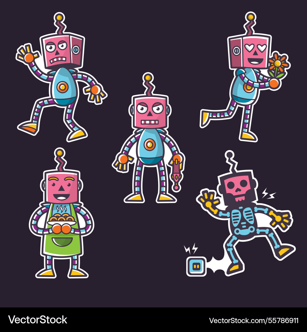 Flat robot character with different poses Vector Image