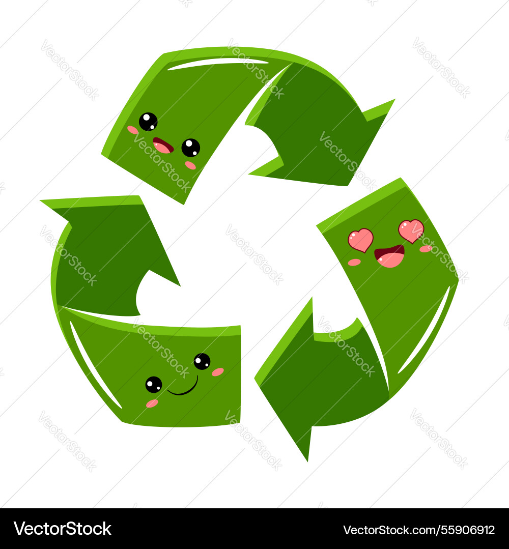 Grünes Recycling-Symbol mit niedlichen Emoji-Gesichtern Pfeil Grünes Recycling-Symbol mit niedlichen Emoji-Gesichtern Pfeil vektorbild