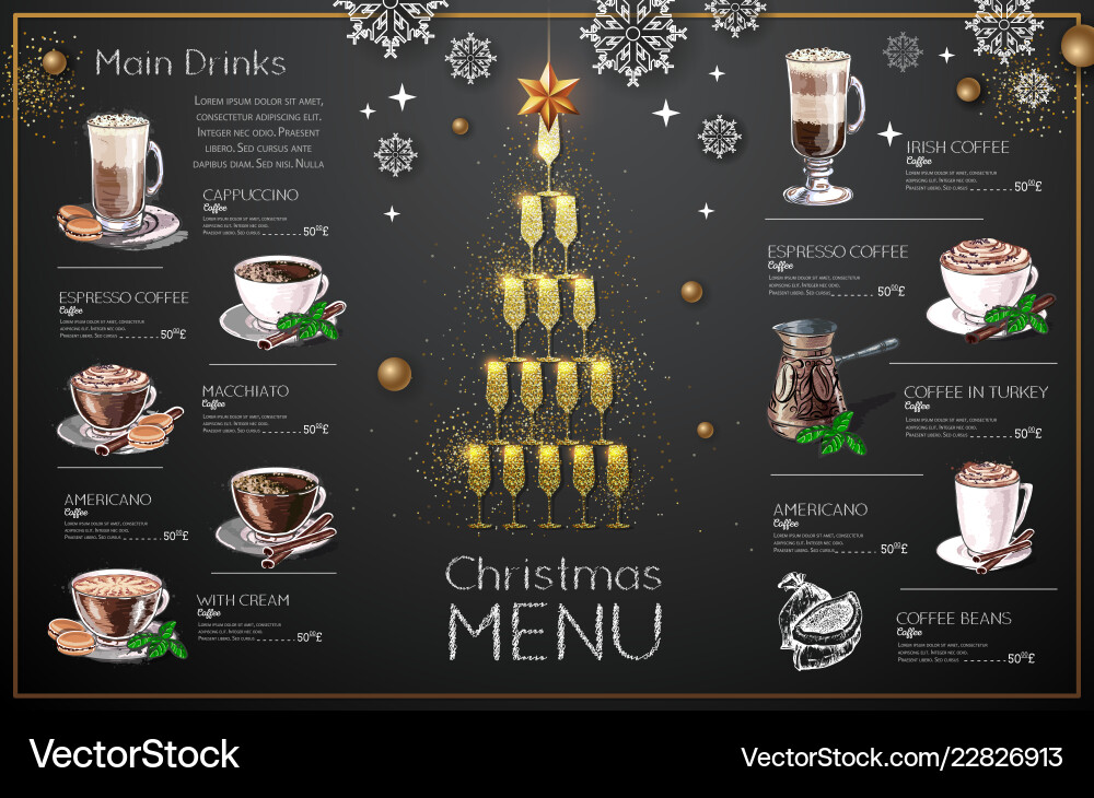 Weihnachtsmenü Design mit goldenem Champagner Weihnachtsmenü Design mit goldenem Champagner vektorbild