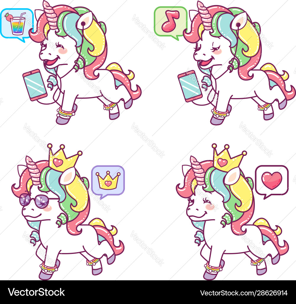 Cool colorful unicorns with different expressions Cool colorful unicorns with different expressions vector image