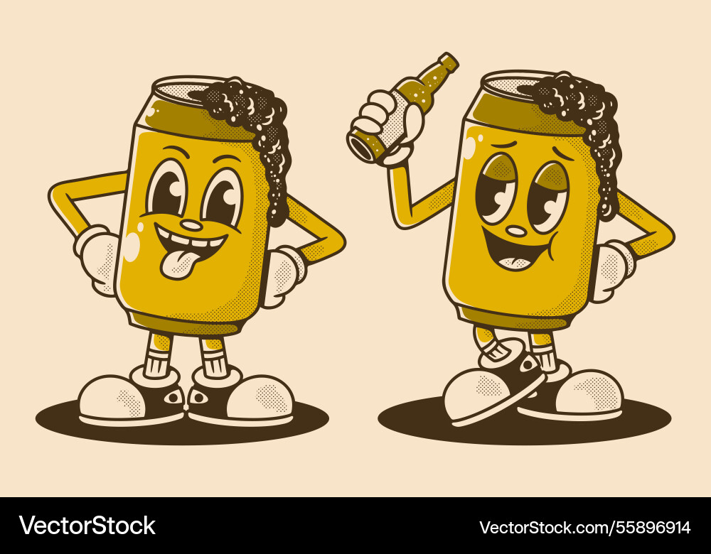Retro beer can character in two pose before Vector Image