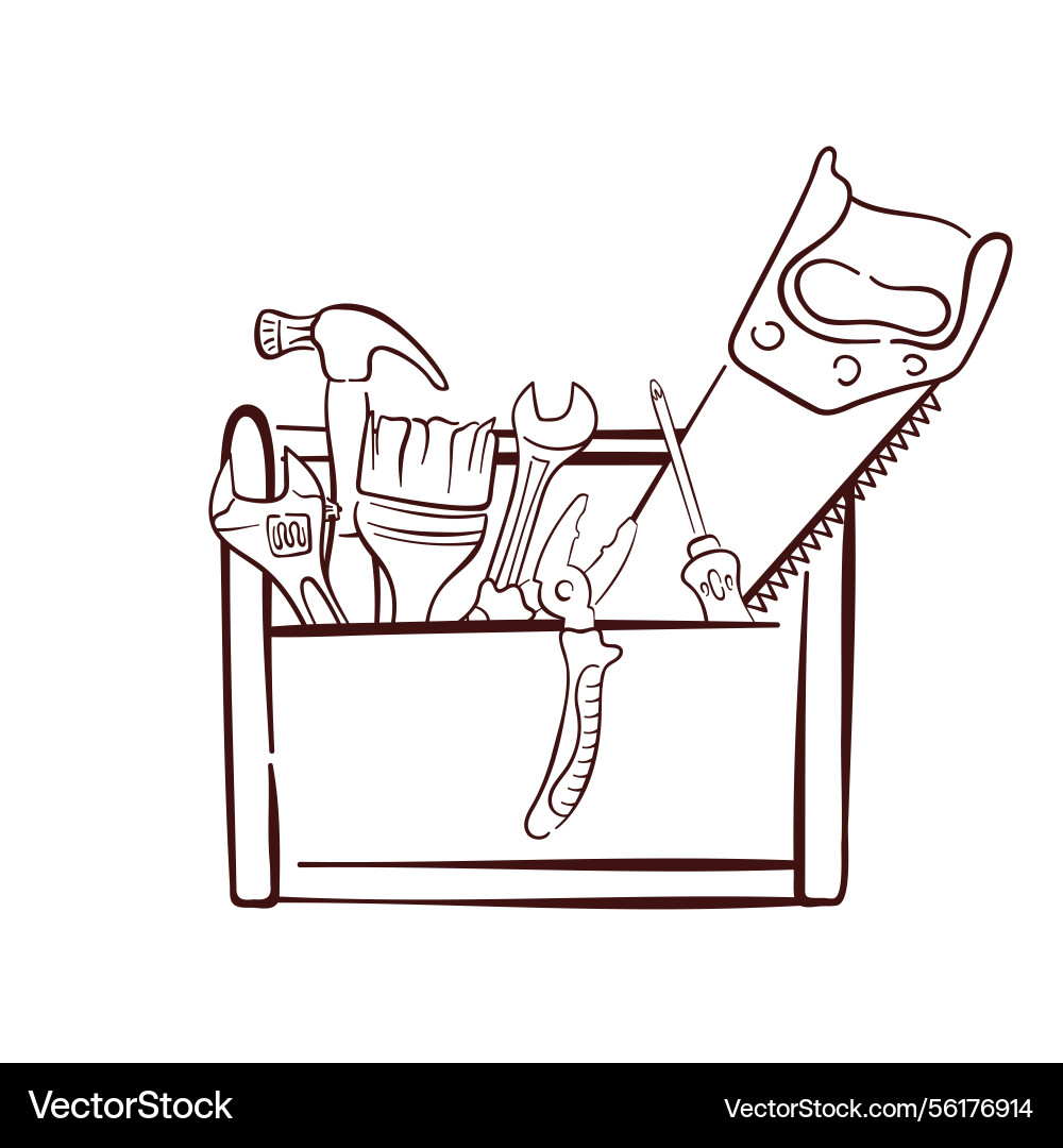 Toolbox with various hand tool in line art style Vector Image