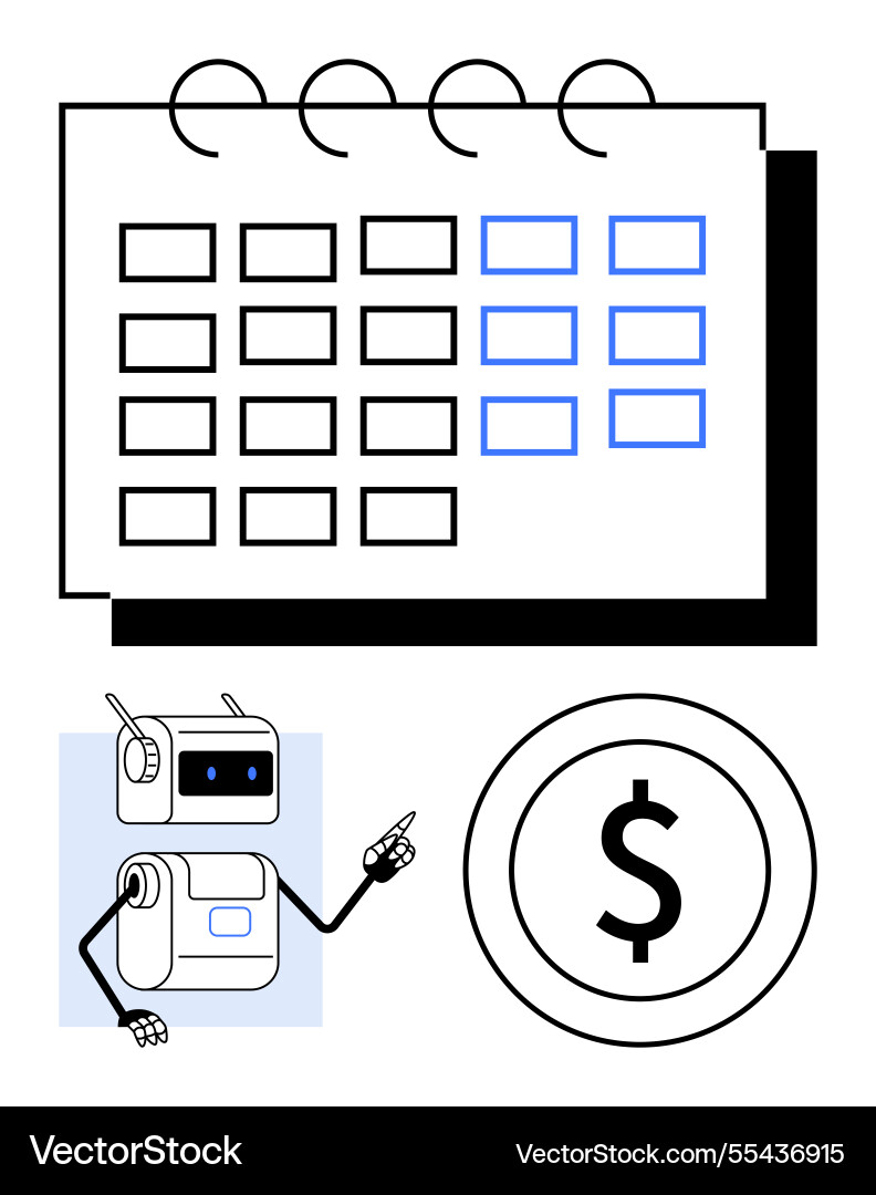 Calendar with robot pointing at dollar sign Calendar with robot pointing at dollar sign vector image