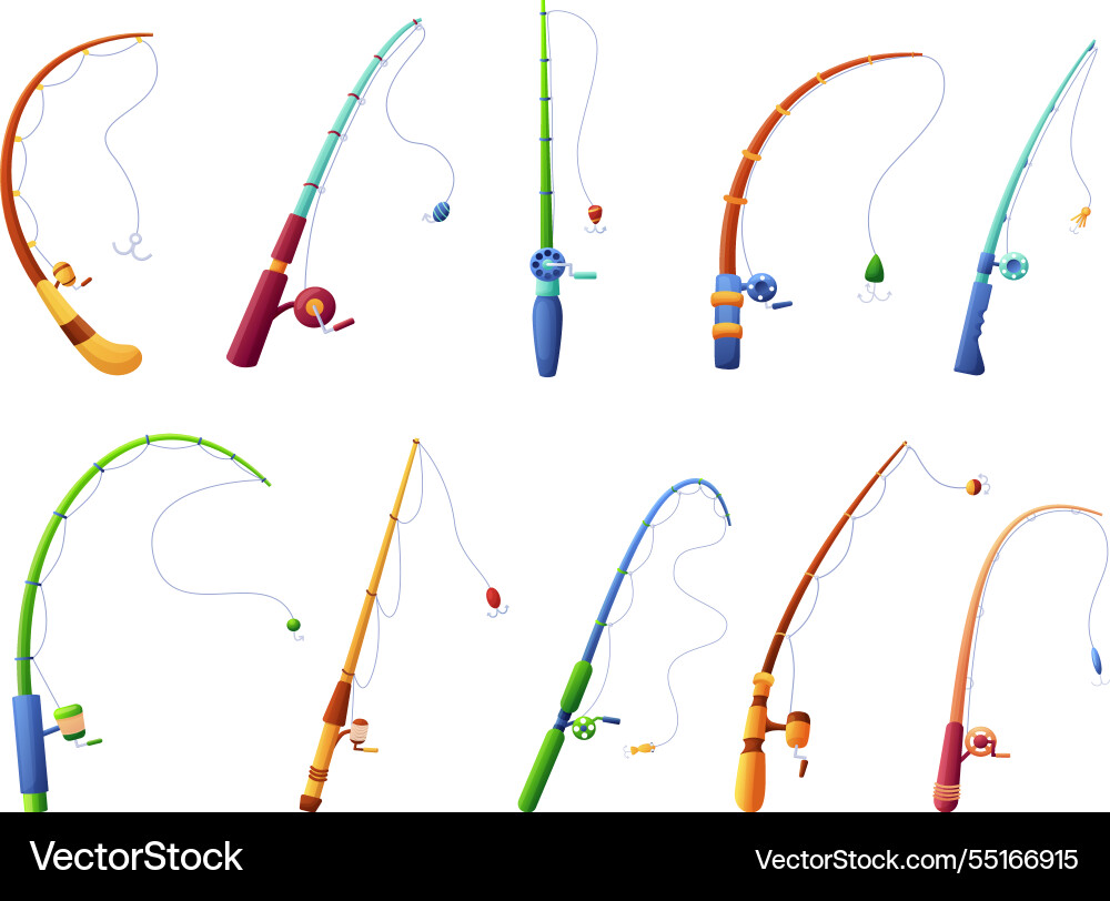 Fishing rods cartoon rod with spinning lines Fishing rods cartoon rod with spinning lines vector image