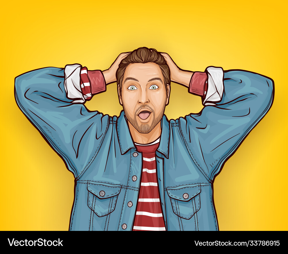 Pop Art Hipster Mann mit schockiertem Gesichtsausdruck Pop Art Hipster Mann mit schockiertem Gesichtsausdruck vektorbild
