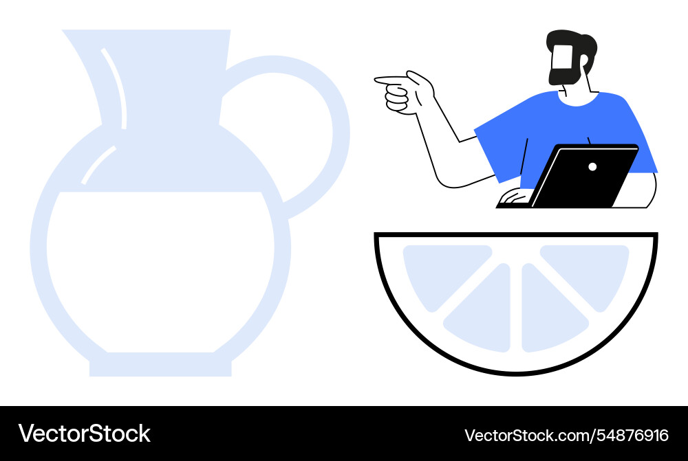 Man pointing while working on laptop next to large Man pointing while working on laptop next to large Vector Image