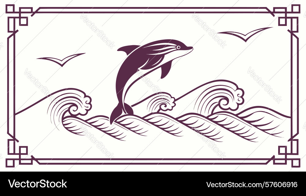 Ocean waves with dolphin in border frame design Vector Image